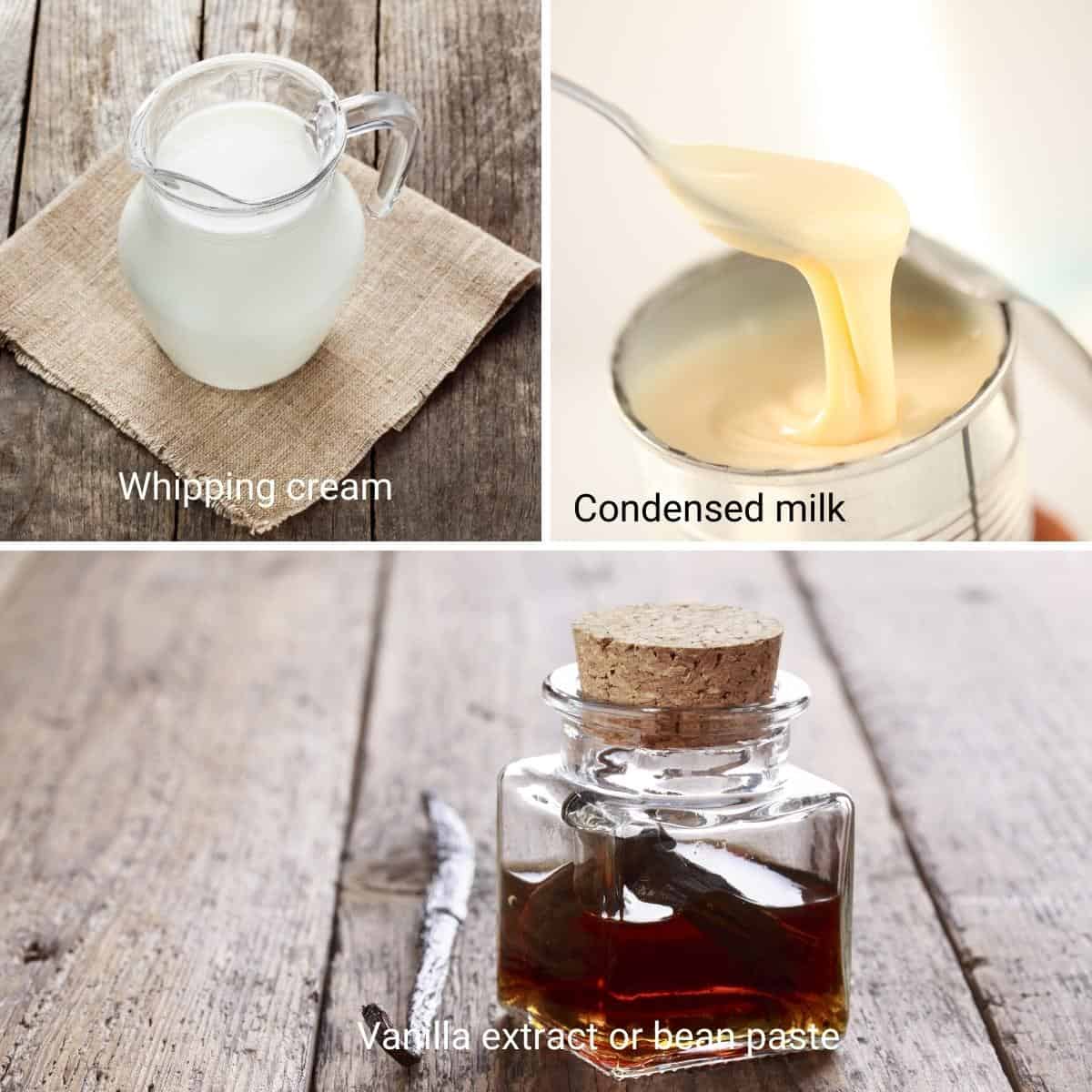 Ingredients shot collage for vanilla ice cream.