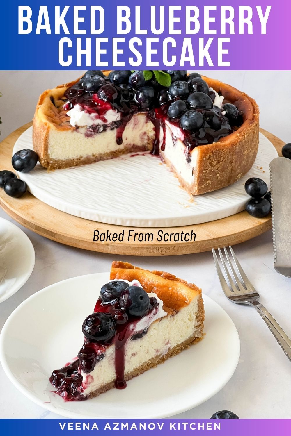 Pinterest image for baked blueberry cheesecake.
