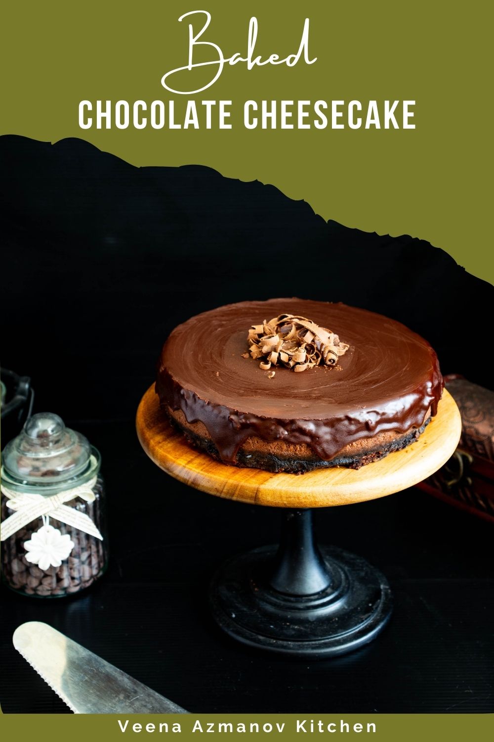 Pinterest image for baked chocolate cheesecake with chocolate ganache.