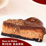 Pinterest image for baked chocolate cheesecake with chocolate ganache.