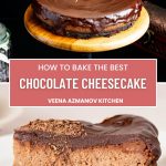 Pinterest image for baked chocolate cheesecake with chocolate ganache.