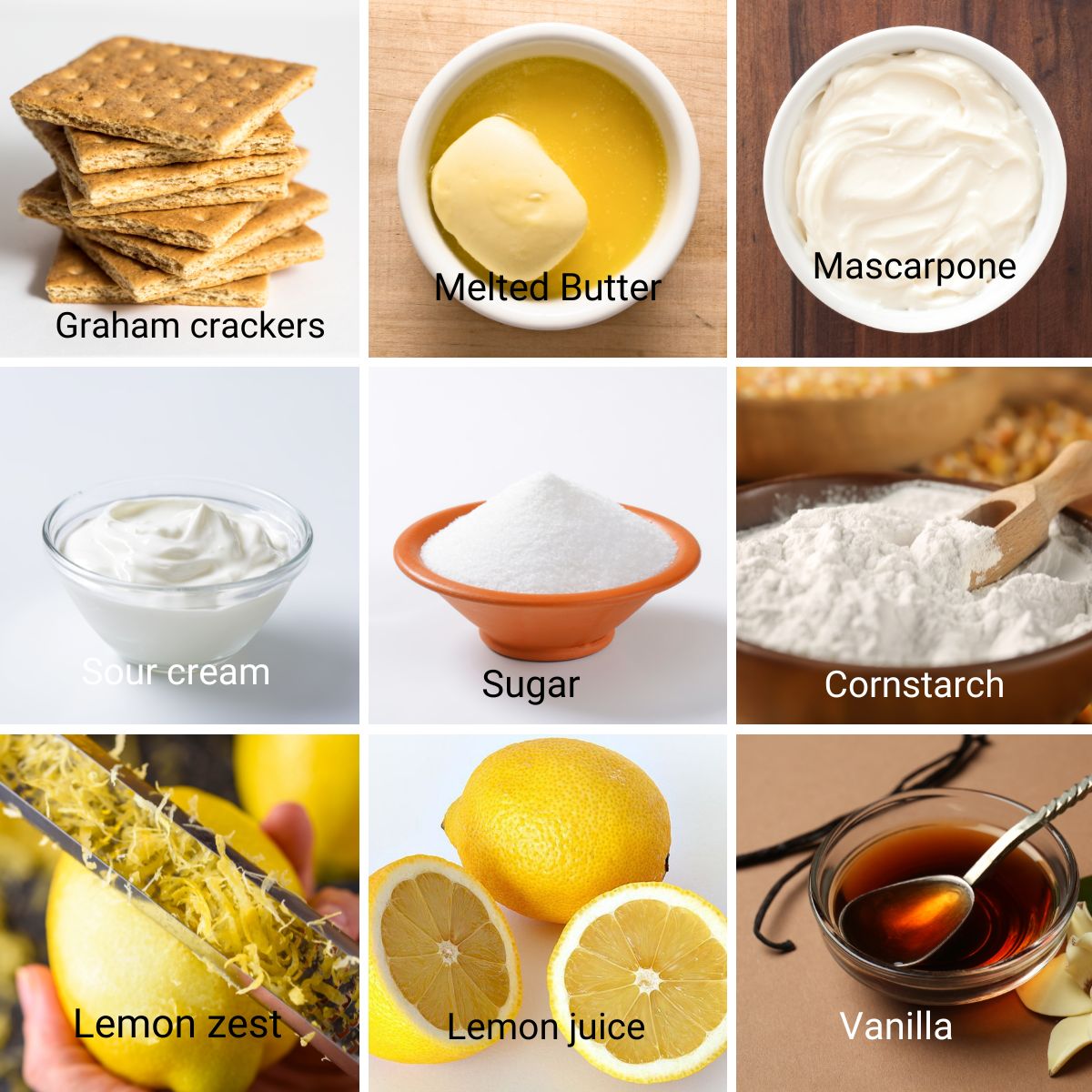Ingredients for mini lemon cheesecakes.