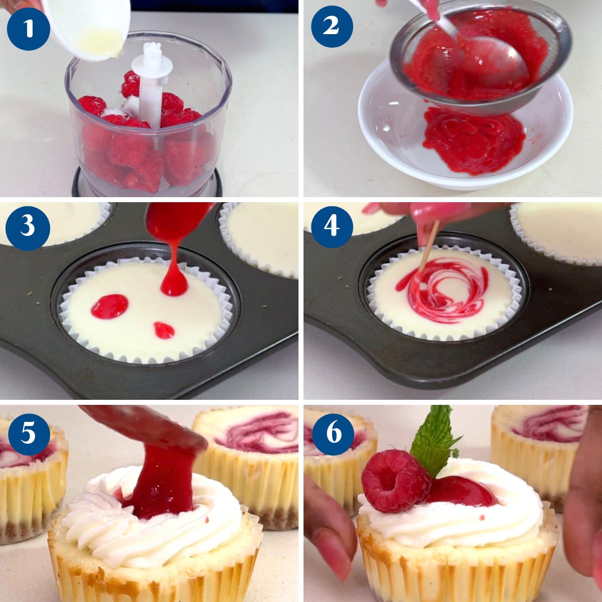 Progress pictures making raspberry baked cheesecakes.