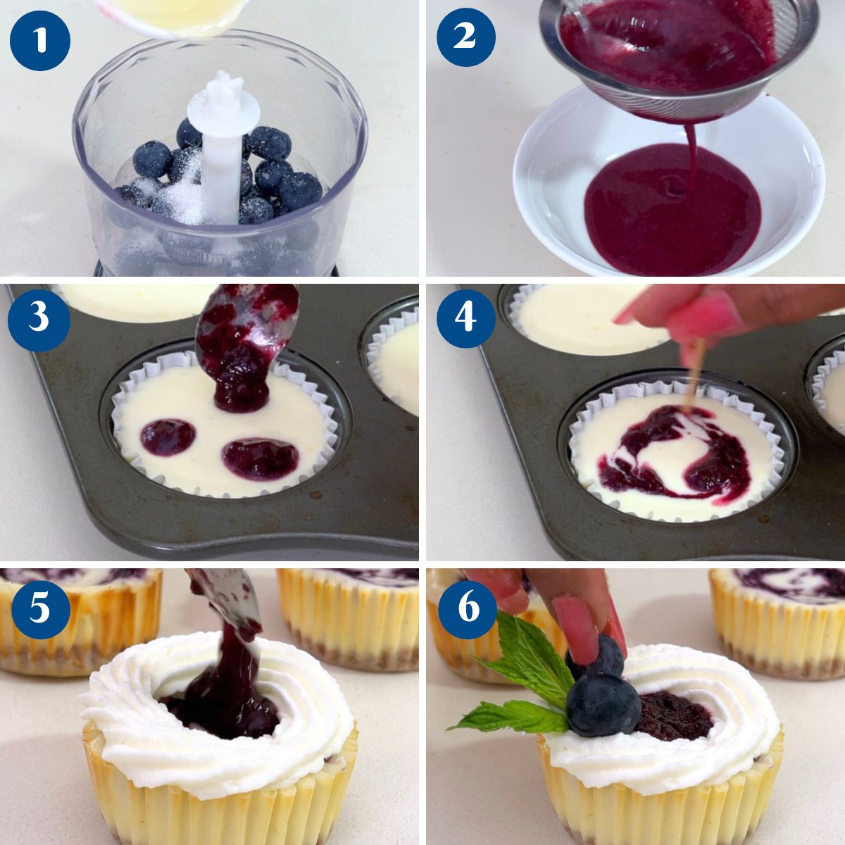 Progress pictures baked mini blueberry cheesecakes.