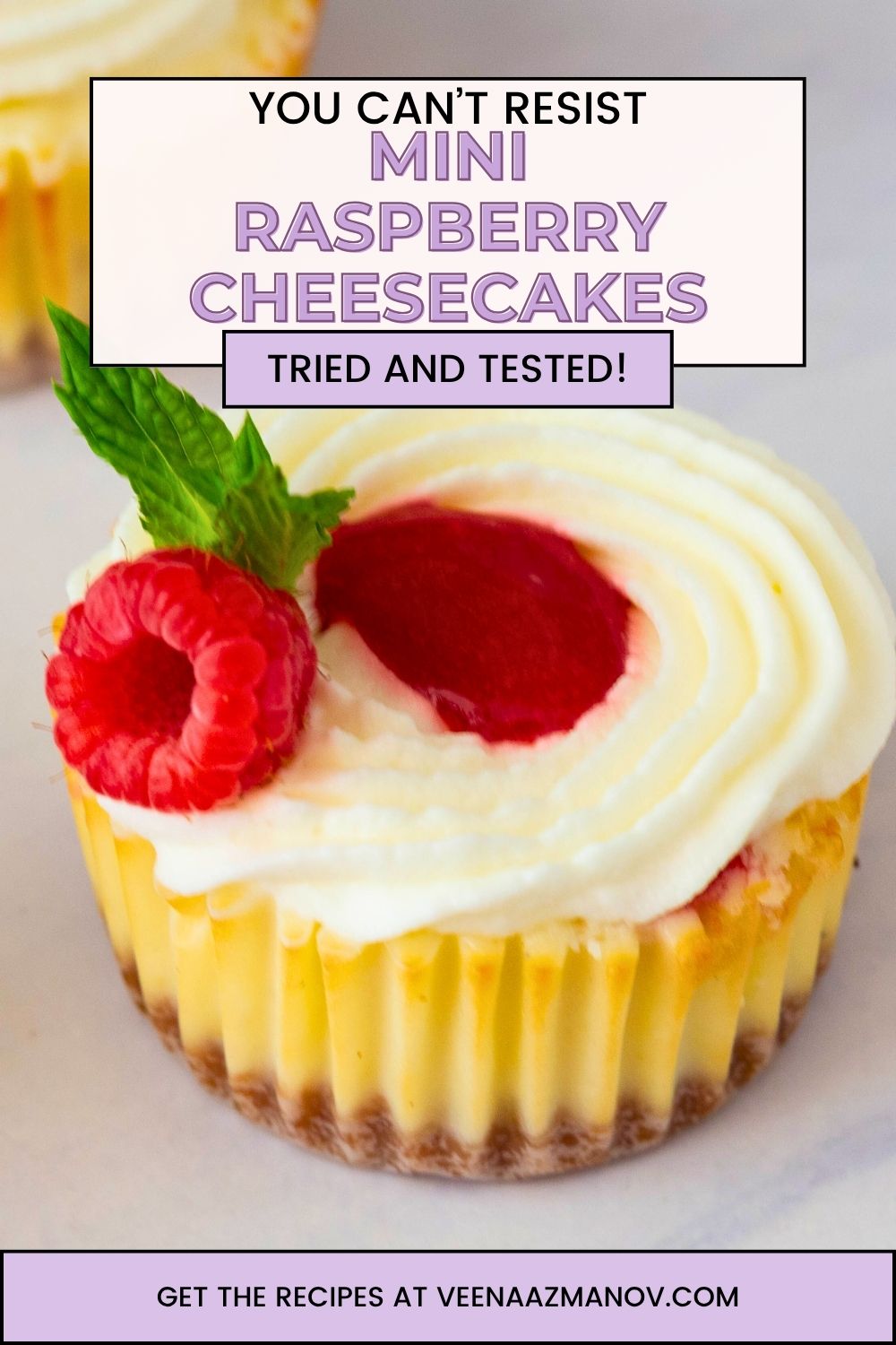 Pinterest image for Raspberry Baked Cheesecakes.