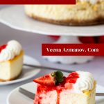 Pinterest image for baked strawberry cheesecake with strawberry topping.