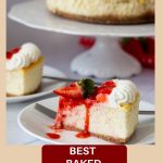Pinterest image for baked strawberry cheesecake with strawberry topping.
