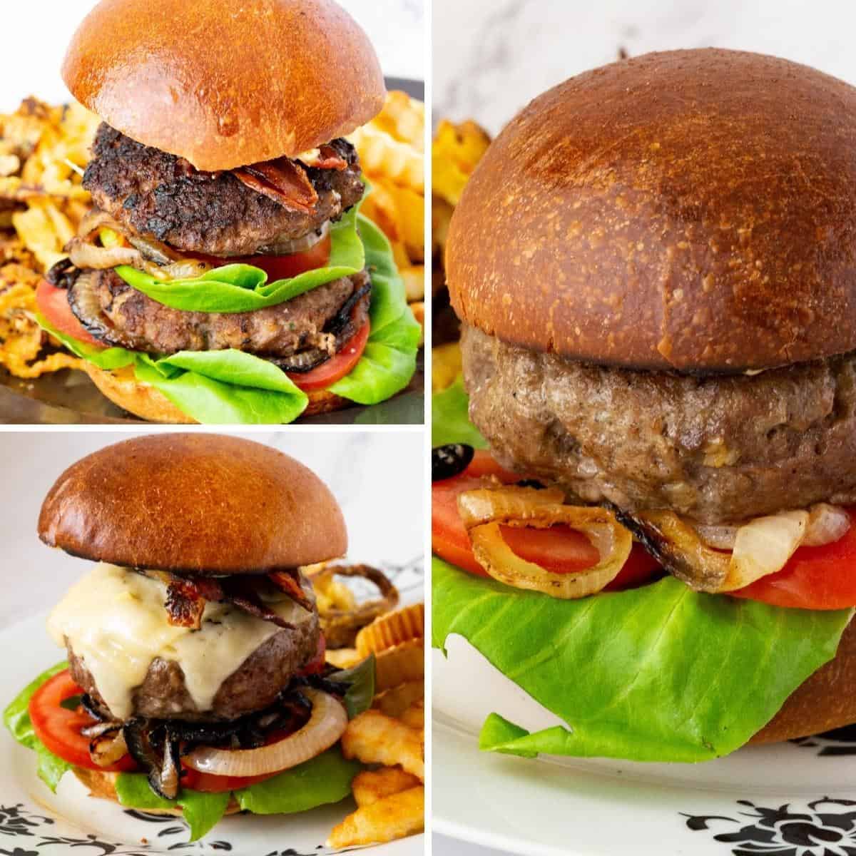 Collage of three burgers.