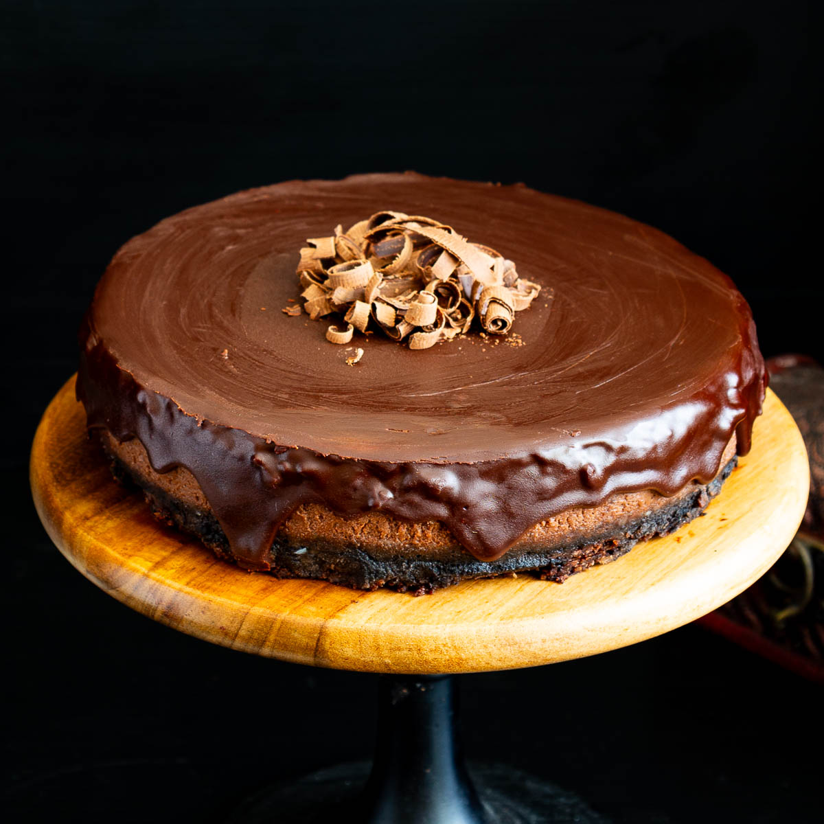 Cake with chocolate cheesecake with a ganache top.