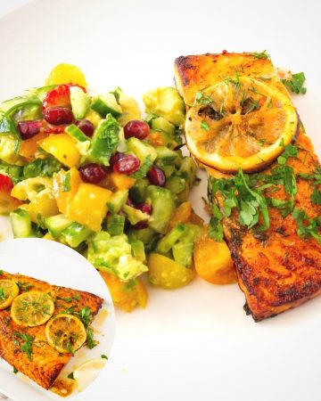 A plate with salmon fillet cooked in the oven.