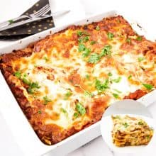 A casserole dish with baked lasagna.