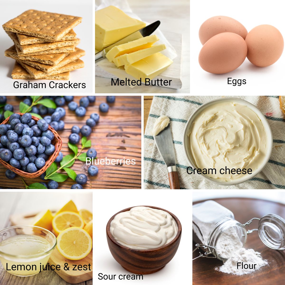 Ingredients for making blueberry cheesecake.