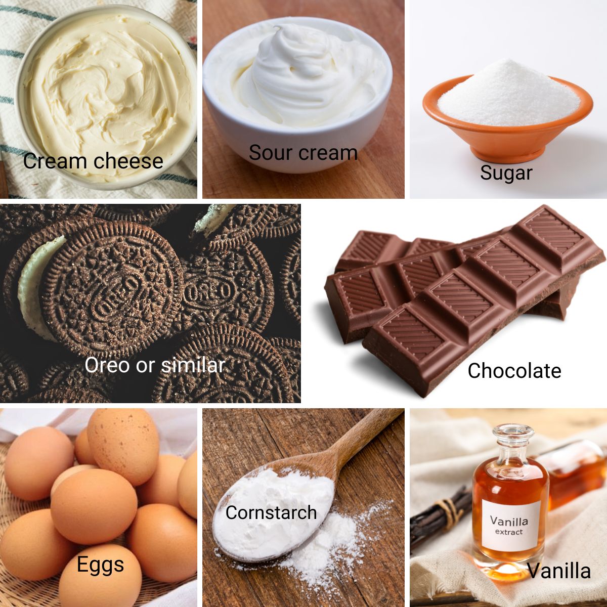 Ingredients for making baked chocolate cheesecake.