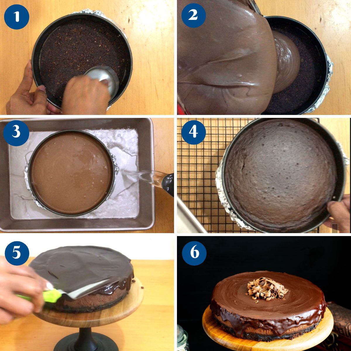 Progress pictures making baked chocolate cheesecake.