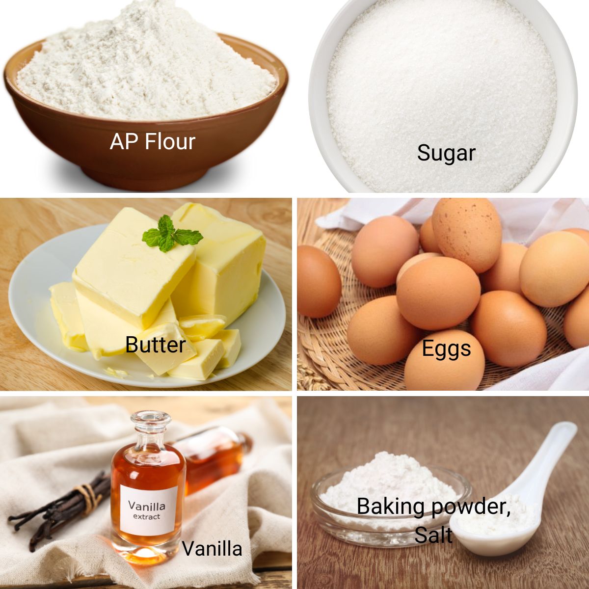 Ingredients for vanilla pound cake.