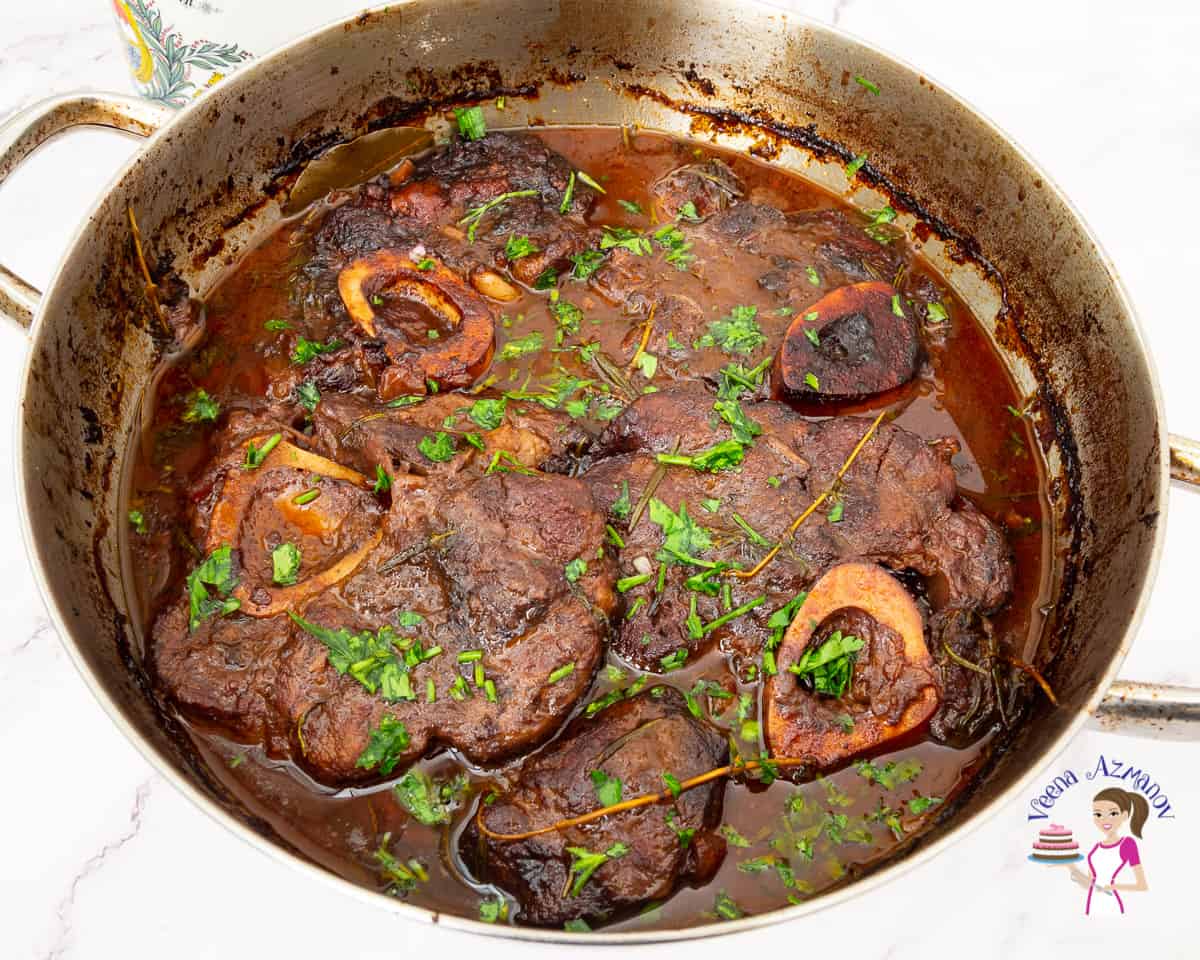 A pan with braised slow cooked beef shank.
