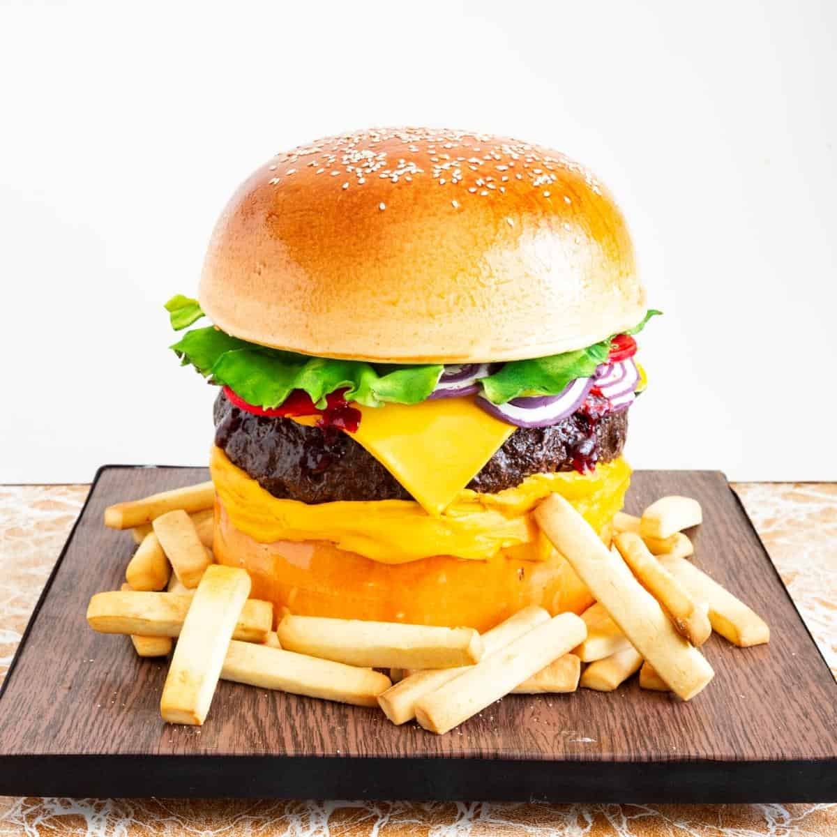 Hamburger cake on a cake board with French fries. 