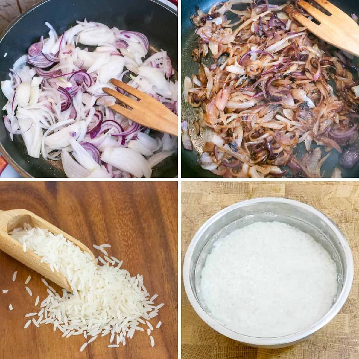 Progress pictures caramelize onions and soak rice for biryani.