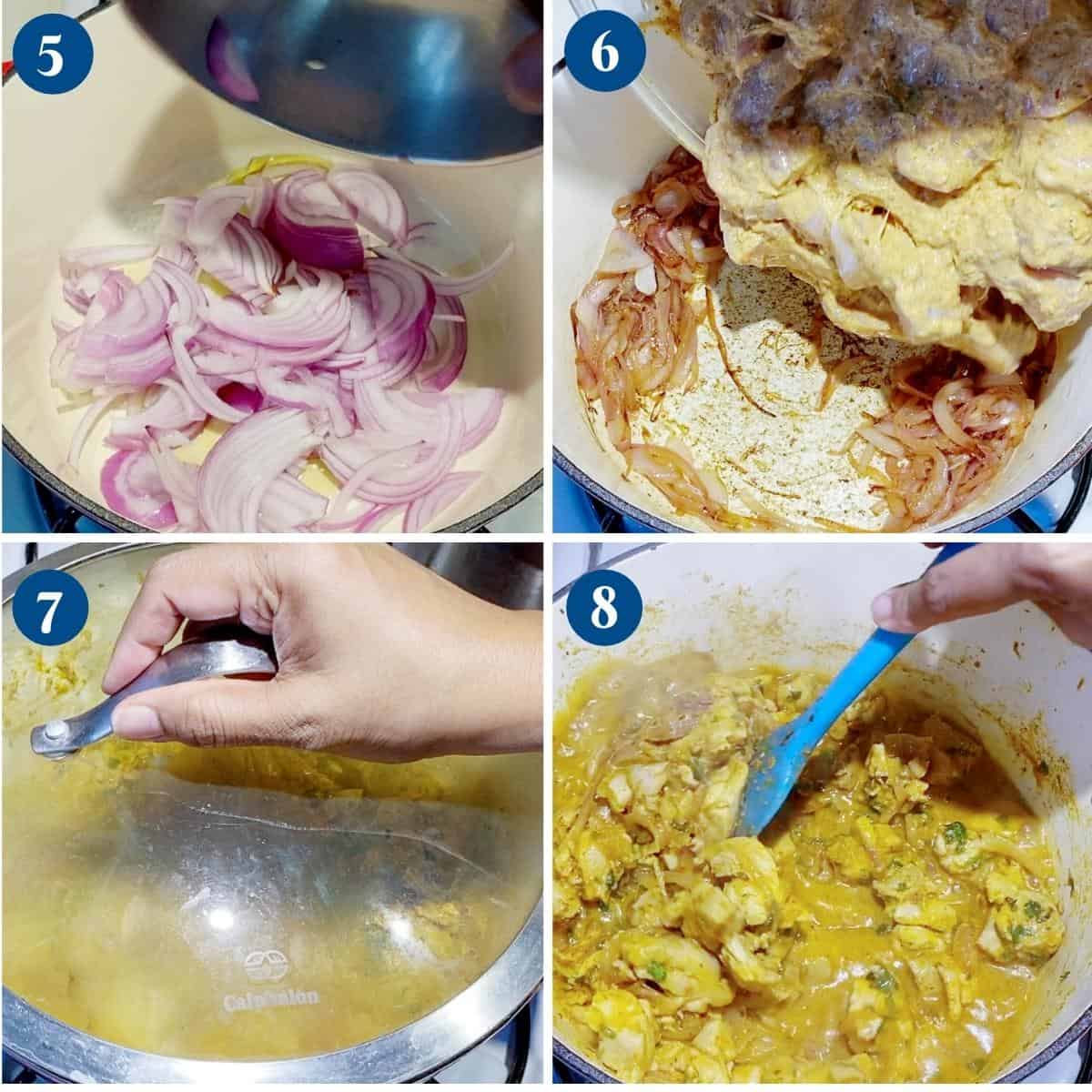 Progress pictures cooking chicken for biryani.