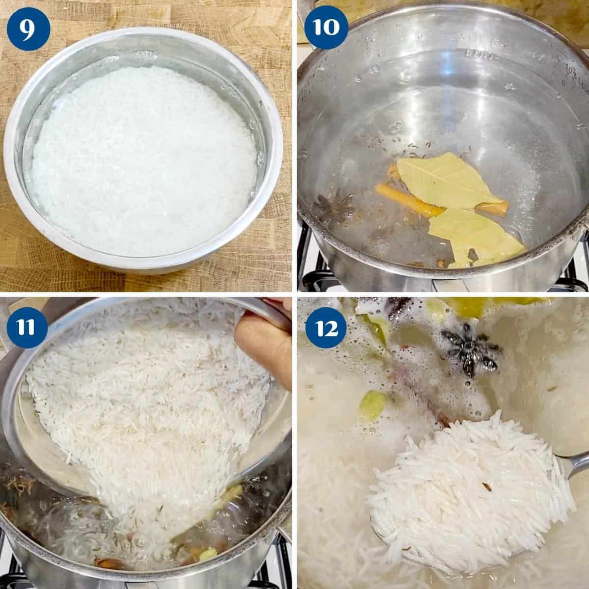 Progress pictures partially cooking rice for biryani.