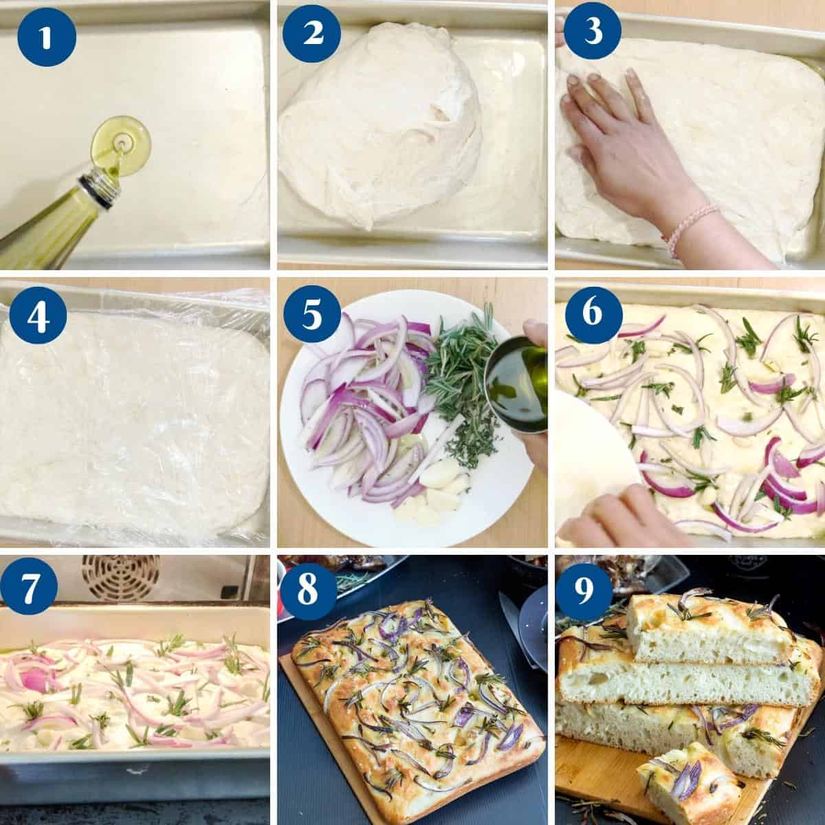 Progress pictures making rosemary and red onion focaccia.