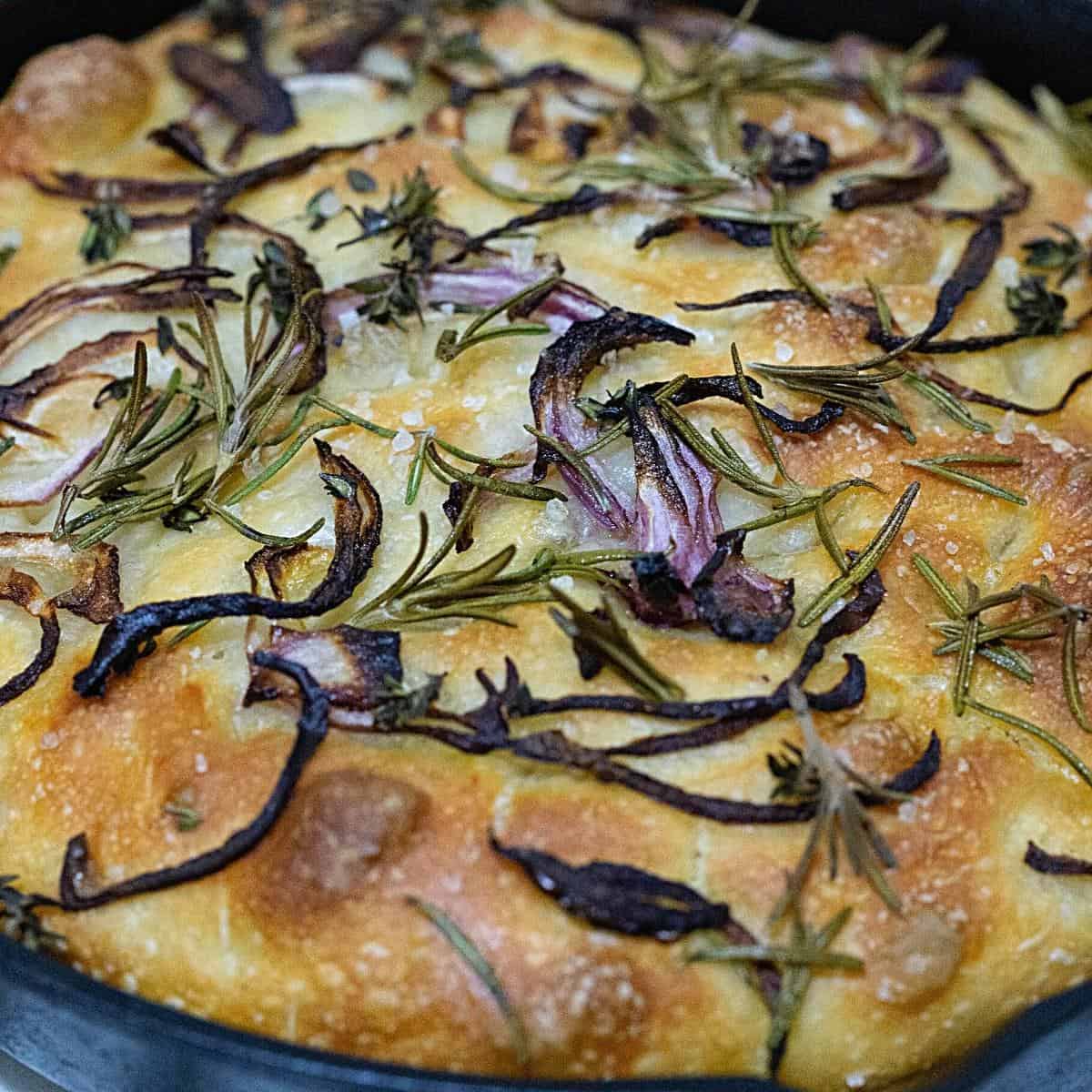 A focaccia with rosemary and red onions.