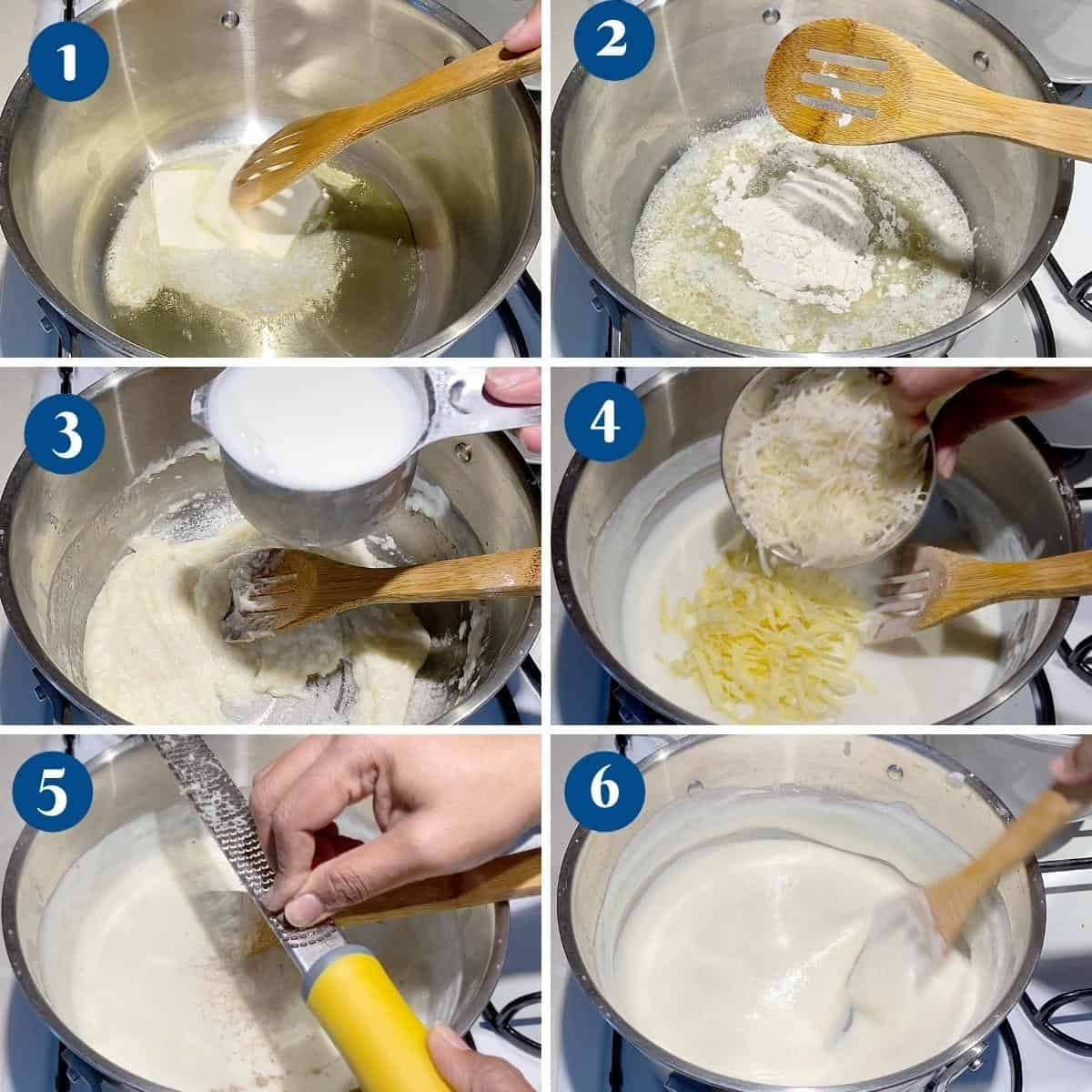 Progress pictures collage making white béchamel sauce for lasagna.