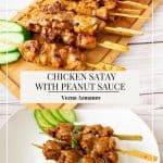 Pinterest image for chicken on skewers with peanut sauce,