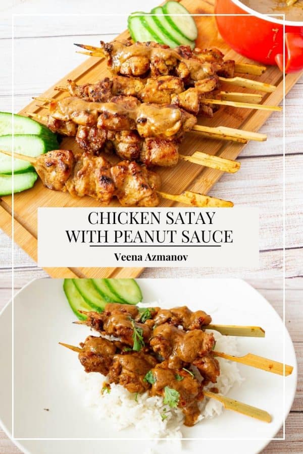 Pinterest image for chicken on skewers with peanut sauce,
