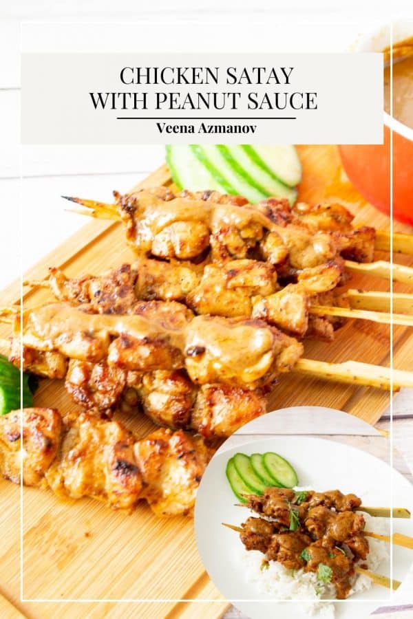 Pinterest image for chicken on skewers with peanut sauce,
