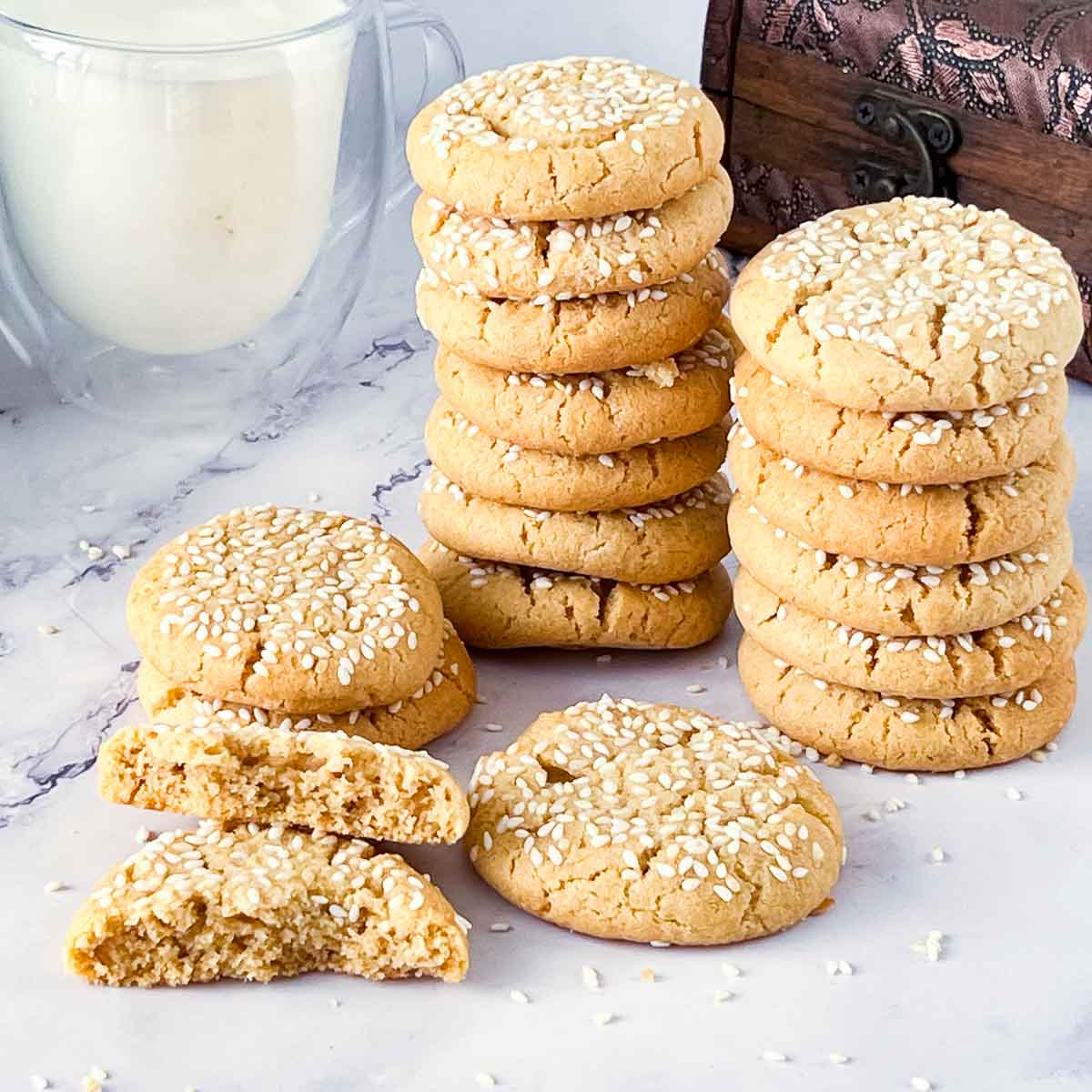 A stack of fresh baked cookies with sesame paste.