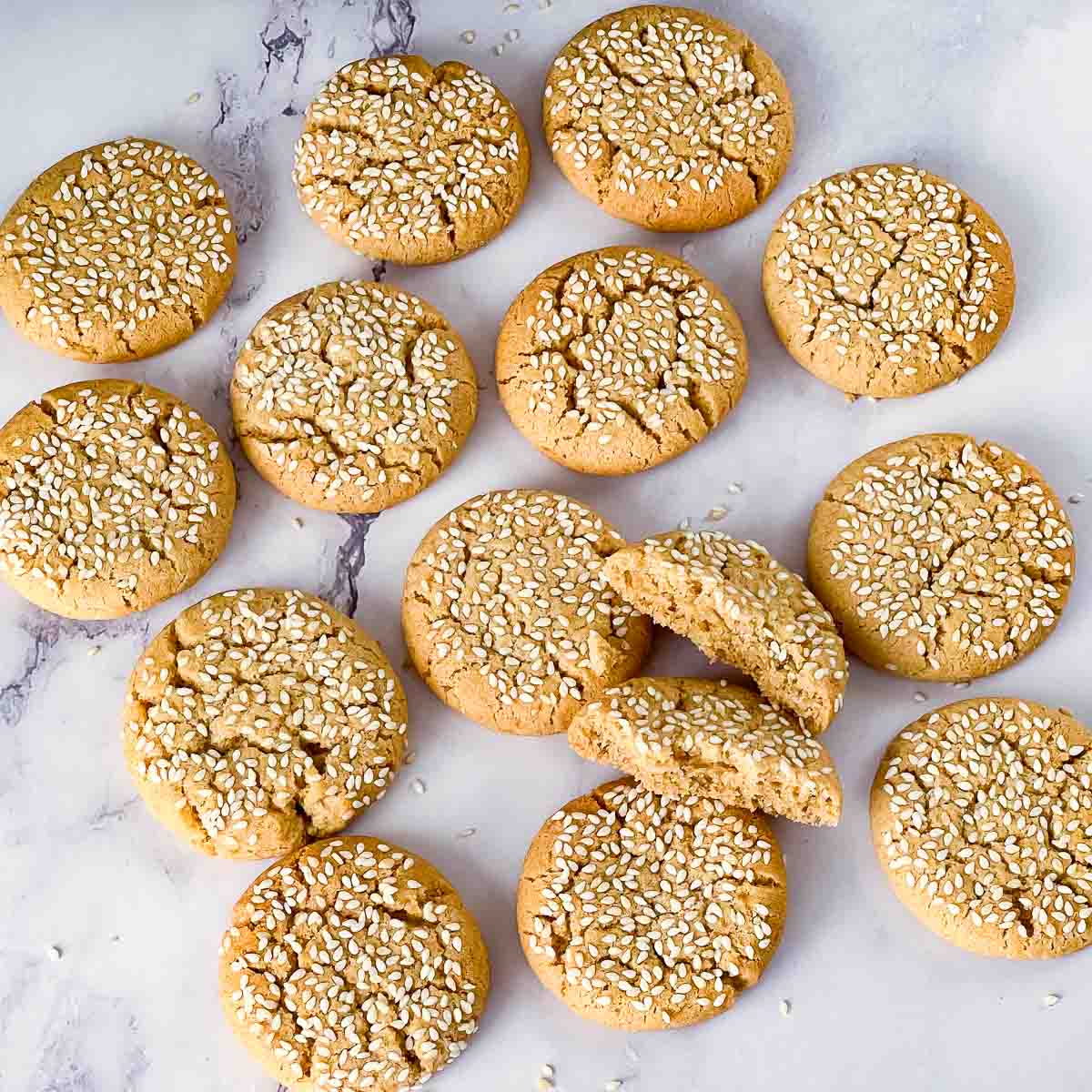 Fresh made tahini cookies with sesame on the table.