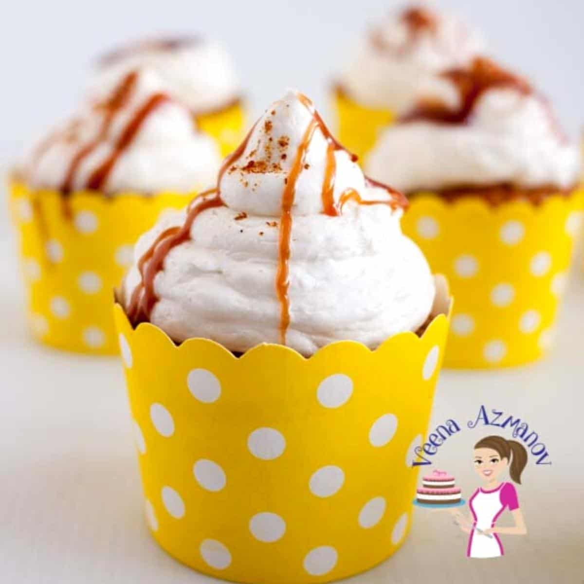 Apple cupcakes with caramel sauce.