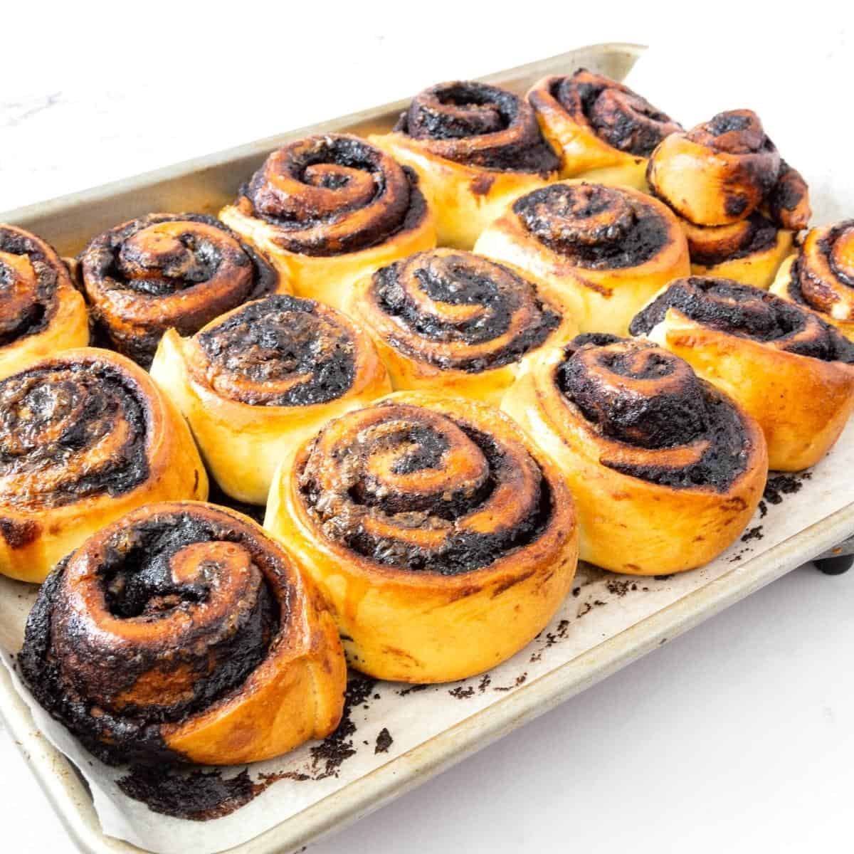 A baking tray with chocolate cinnamon rolls.