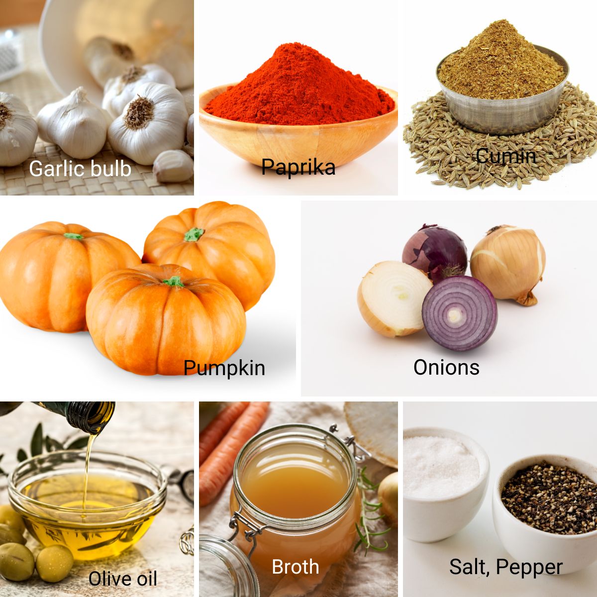 Ingredients collage for pumpkin soup.