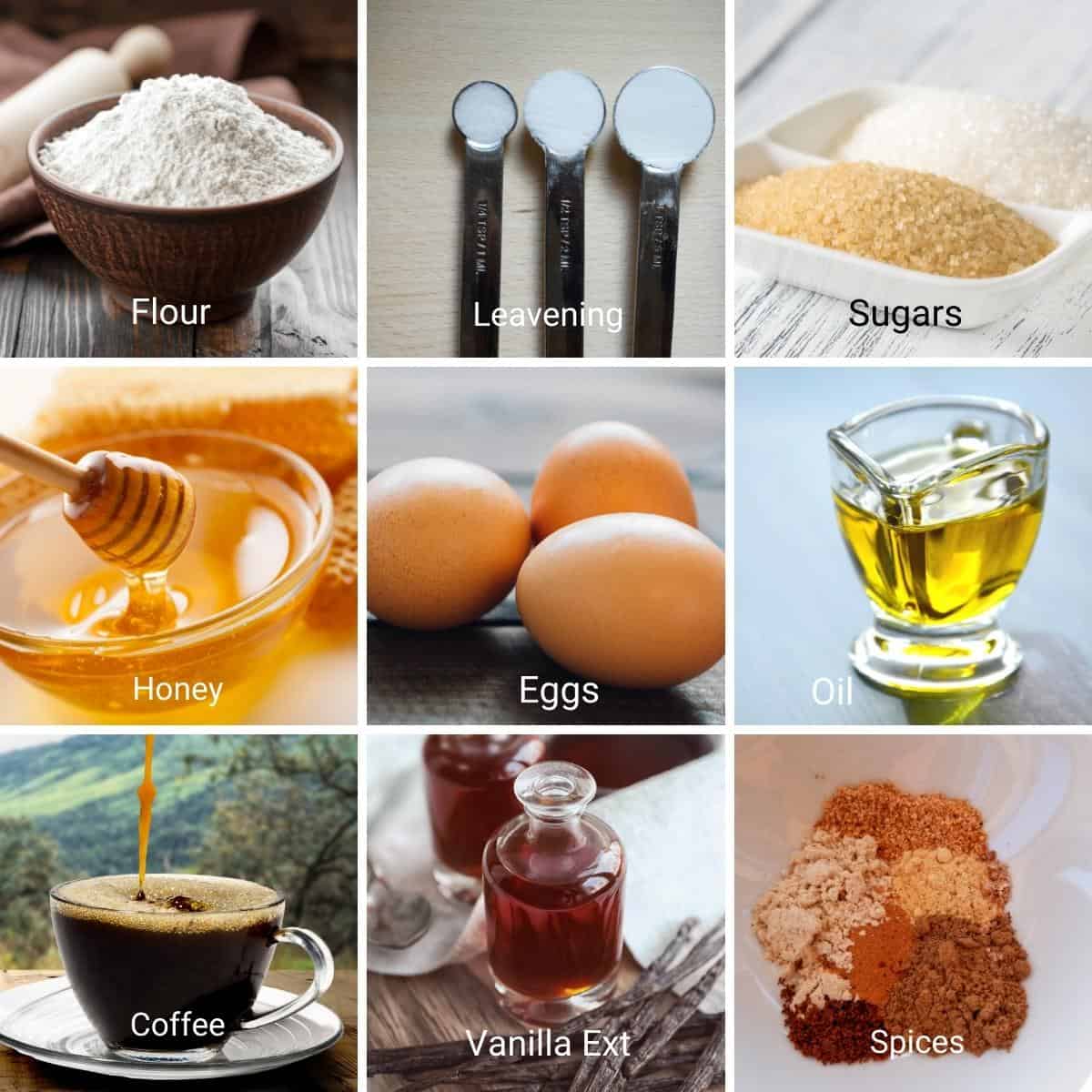 Ingredients for honey cupcakes.