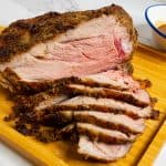 Lamb shoulder roasted slices on the board.