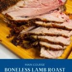 Pinterest image boneless lamb roast in the oven.
