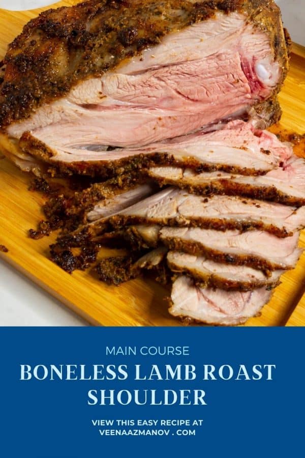 Pinterest image boneless lamb roast in the oven.