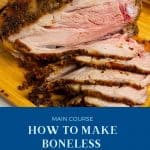Pinterest image how to make boneless lamb shoulder roast.