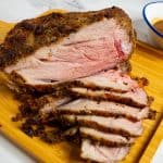 Sliced lamb shoulder roast.