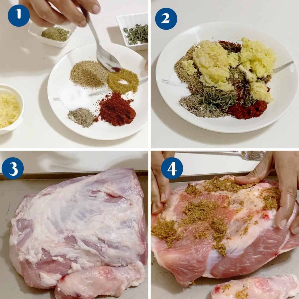 Progress pictures collage marinating the lamb shoulder.