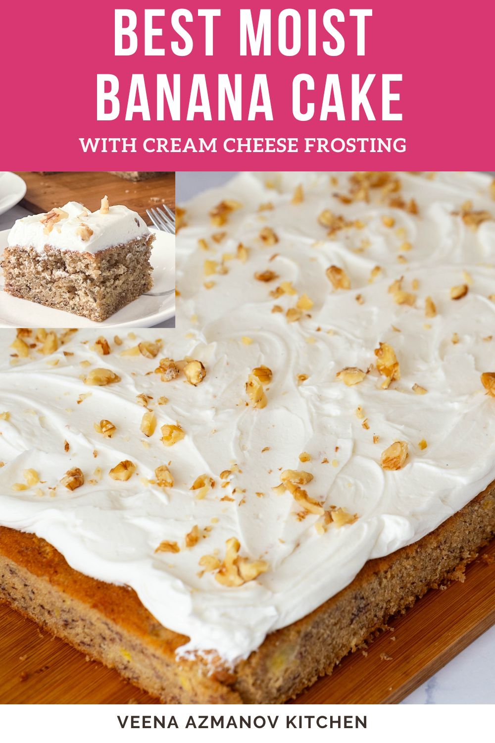 Pinterest image for Cream Cheese Frosted Banana Cake.