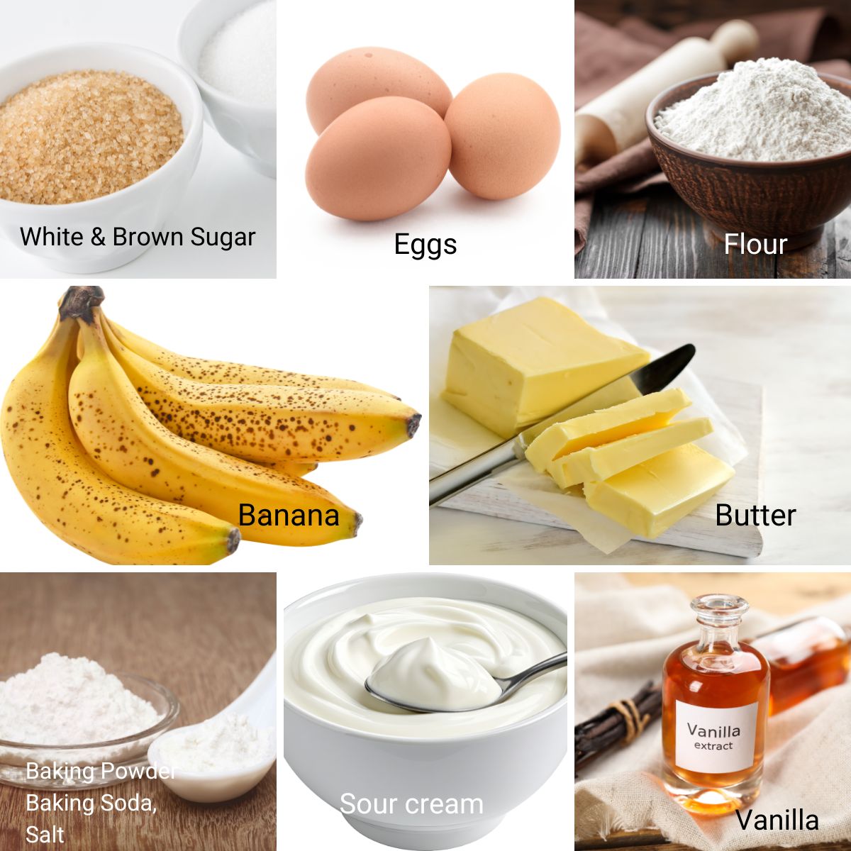 Ingredients for making banana cake and cupcakes.
