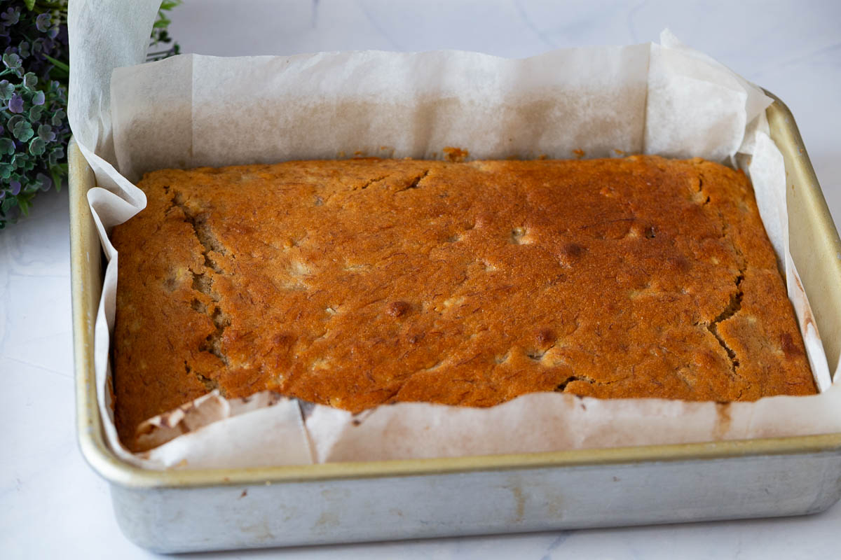 Fresh baked banana cake with frosting.