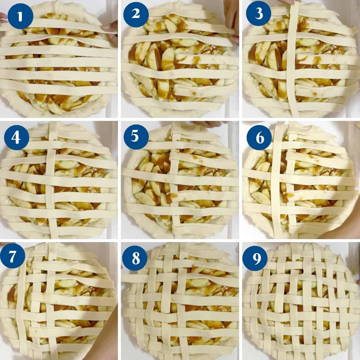 Progress pictures making the lattice crust for apple pie.