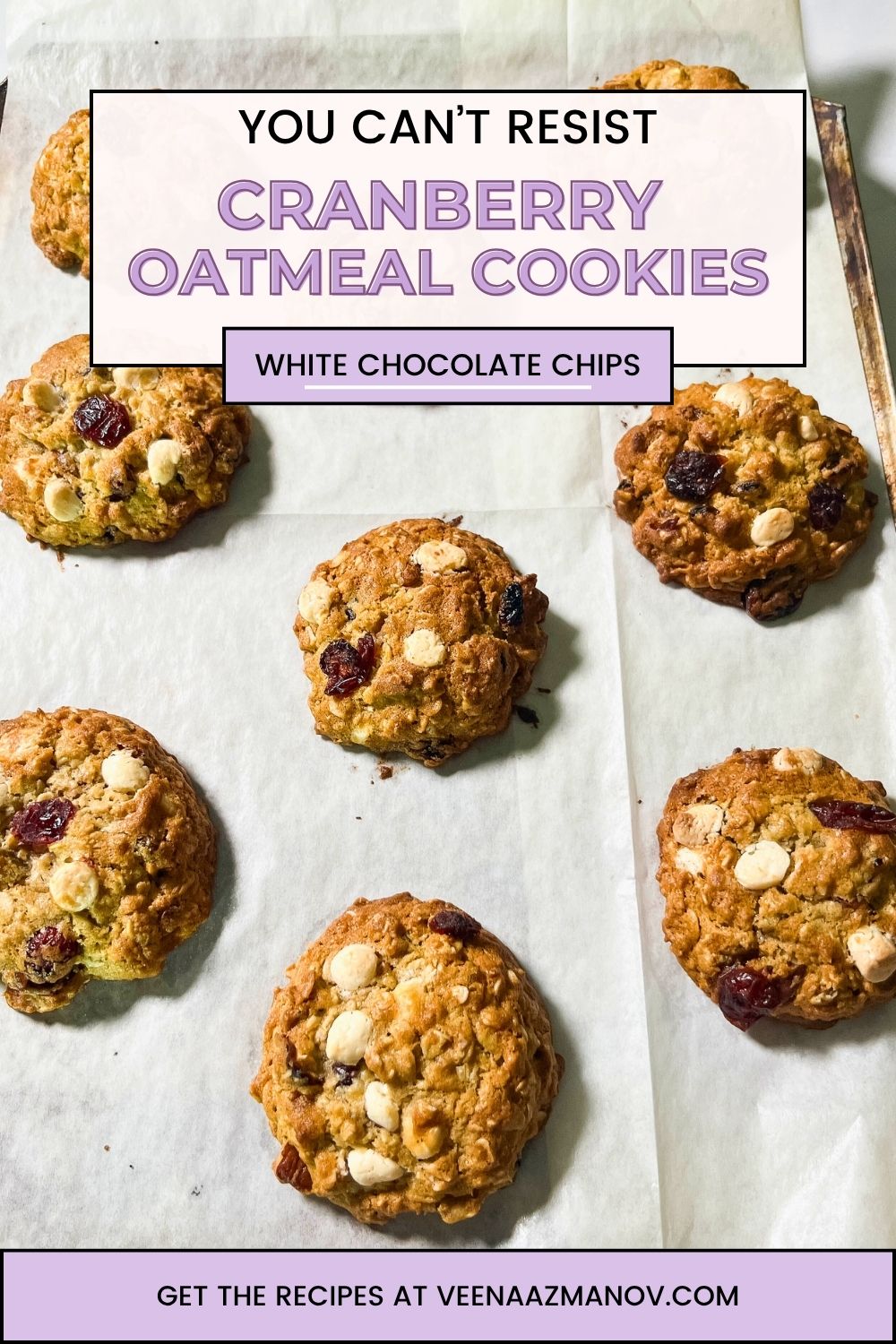 Pinterest image for Cookies with rolled oats, dry cranberries, and white chocolate.