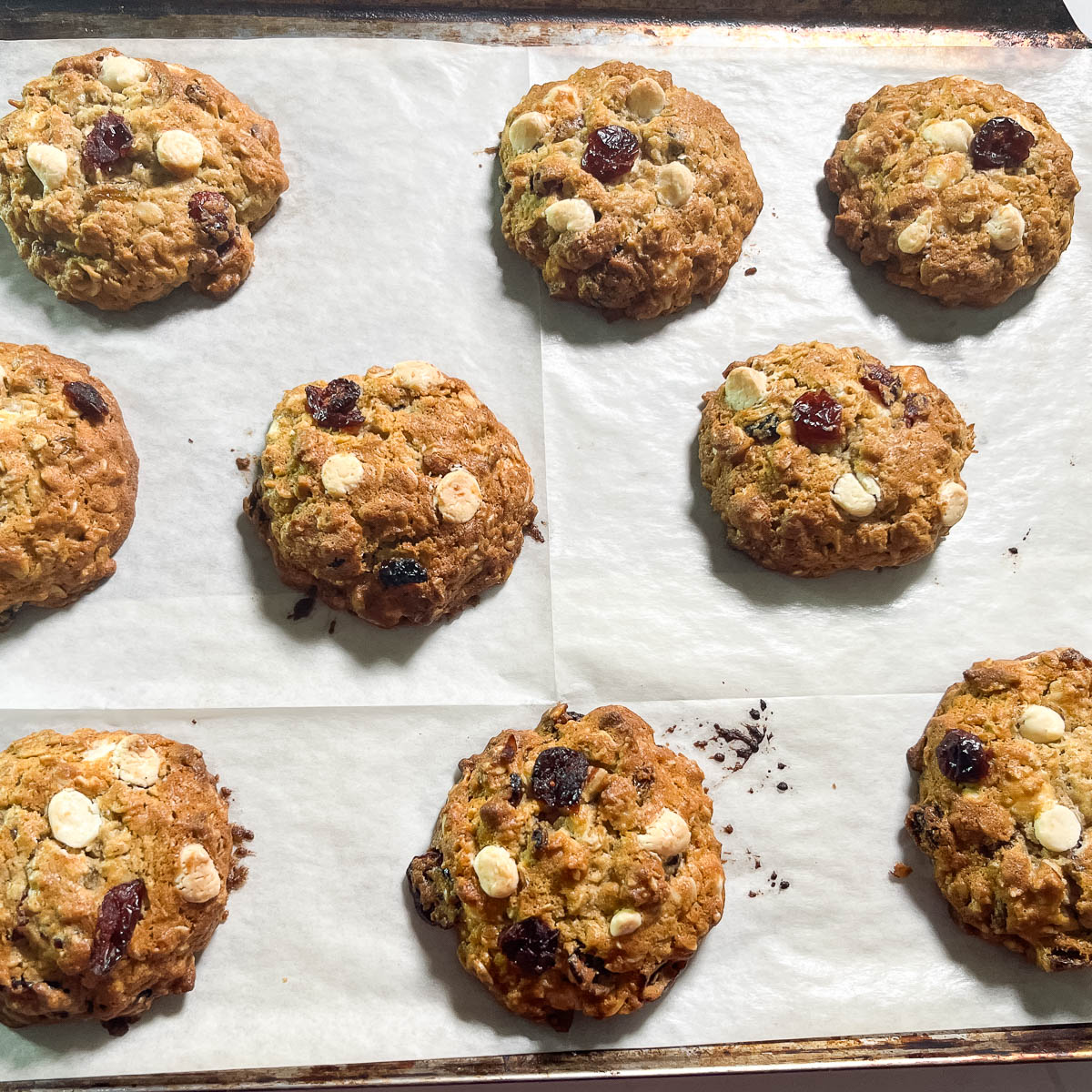 A baking tray with Fresh Cranberry Oatmeal Cookies