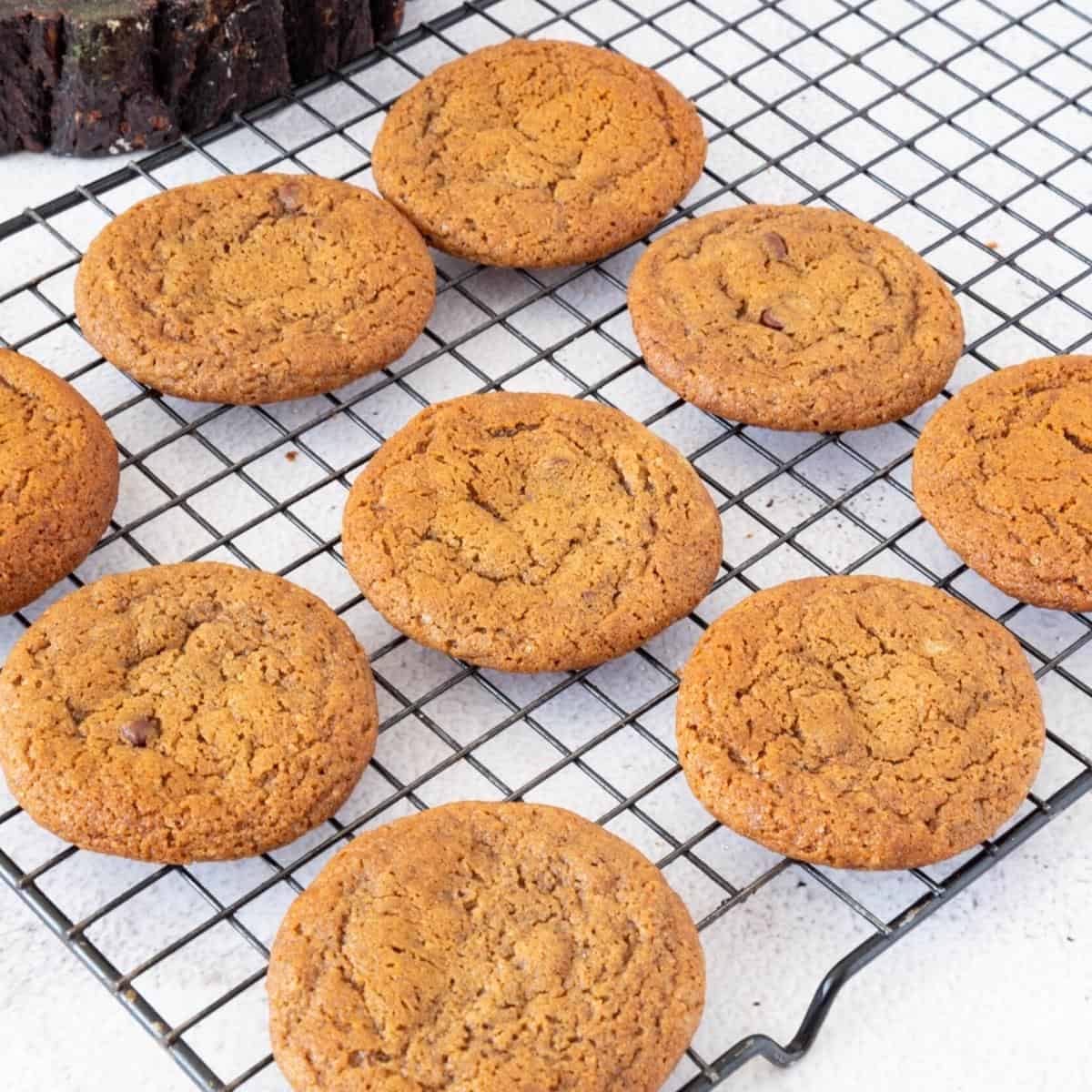 A wire rack with ginger cookies.