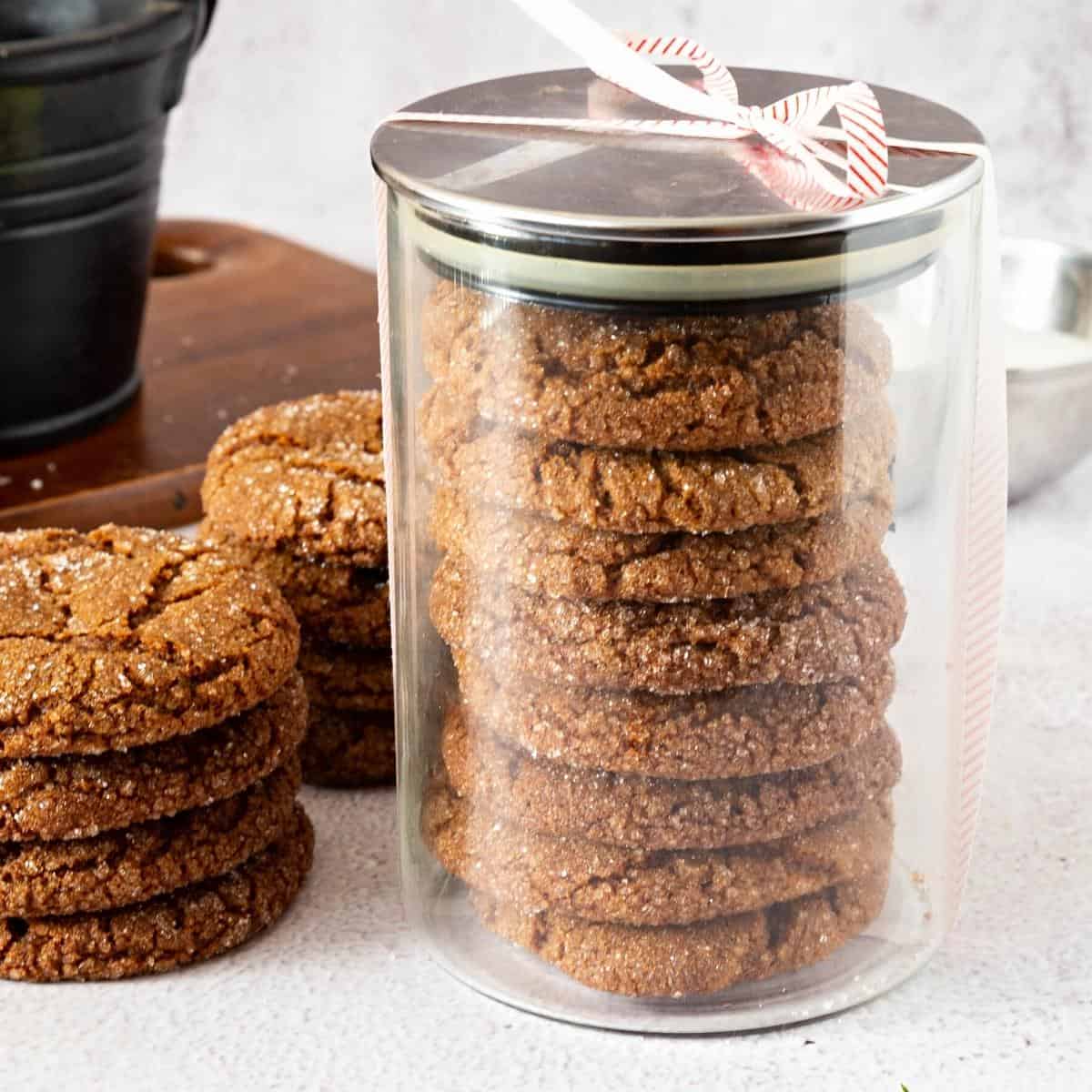 Gingersnap cookies gift wrapped in a jar.